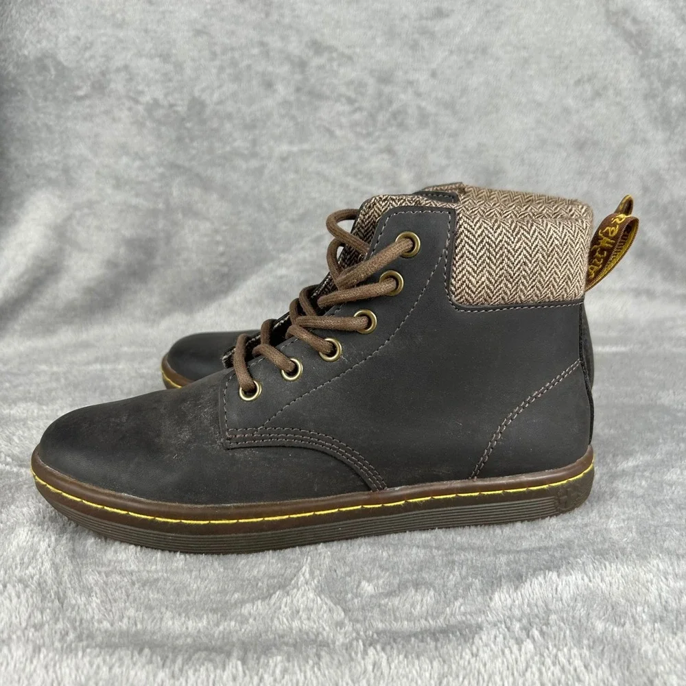 Dr. Martens Maelly Dark Brown Leather Herringbone Tweed Ankle Boots Women 6